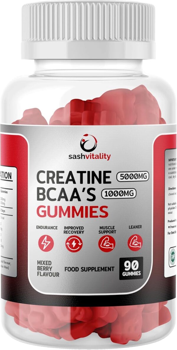 Creatine Gummies 90 Gummies 5000mg Premium Creatine Monohydrate 1000mg BCAAs per Serving Sugar Free & Vegan Mixed Berry Flavour