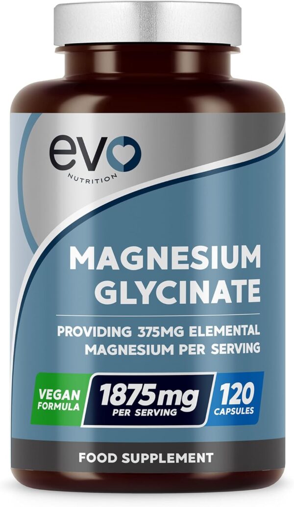 Magnesium Glycinate Supplement - 120 Vegan Capsules 1875mg Per Serving & 375mg Elemental Magnesium 100% Daily NRV High Strength for Maximum Bioavailability