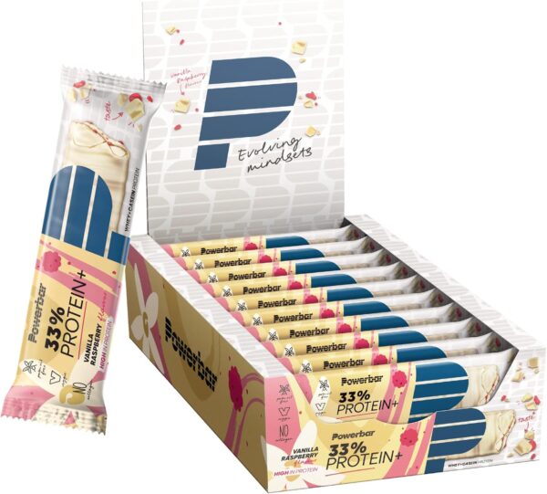 Powerbar 33% Protein Plus Vanilla Raspberry 10x90g - High Protein Bar + Whey and Casein Protein