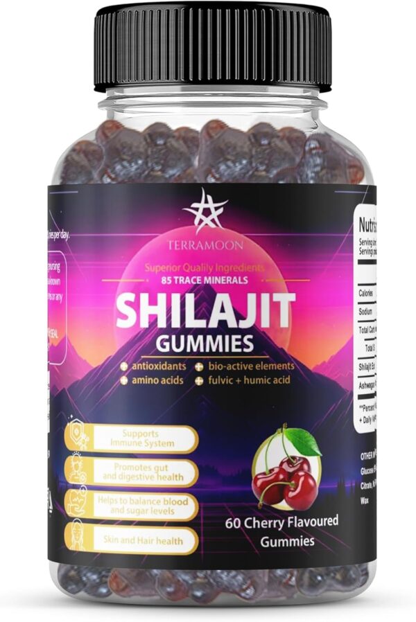 Shilajit Gummies, 1000mg Shilajit, 100mg Ashwagandha Root, 60 Cherry Flavoured Gummies, 30 Day Supply